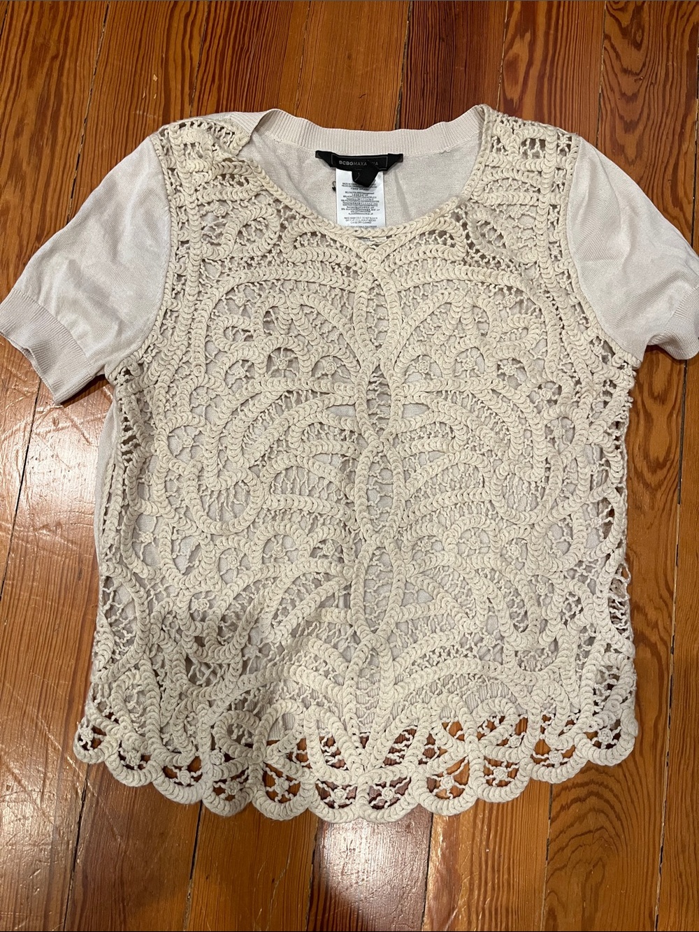 BCBG MaxAzria M Crochet Overlay Short Sleeve Top - Cream